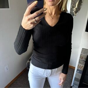 Topshop Black Ribbed V-Neck Long-Sleeve Sweater